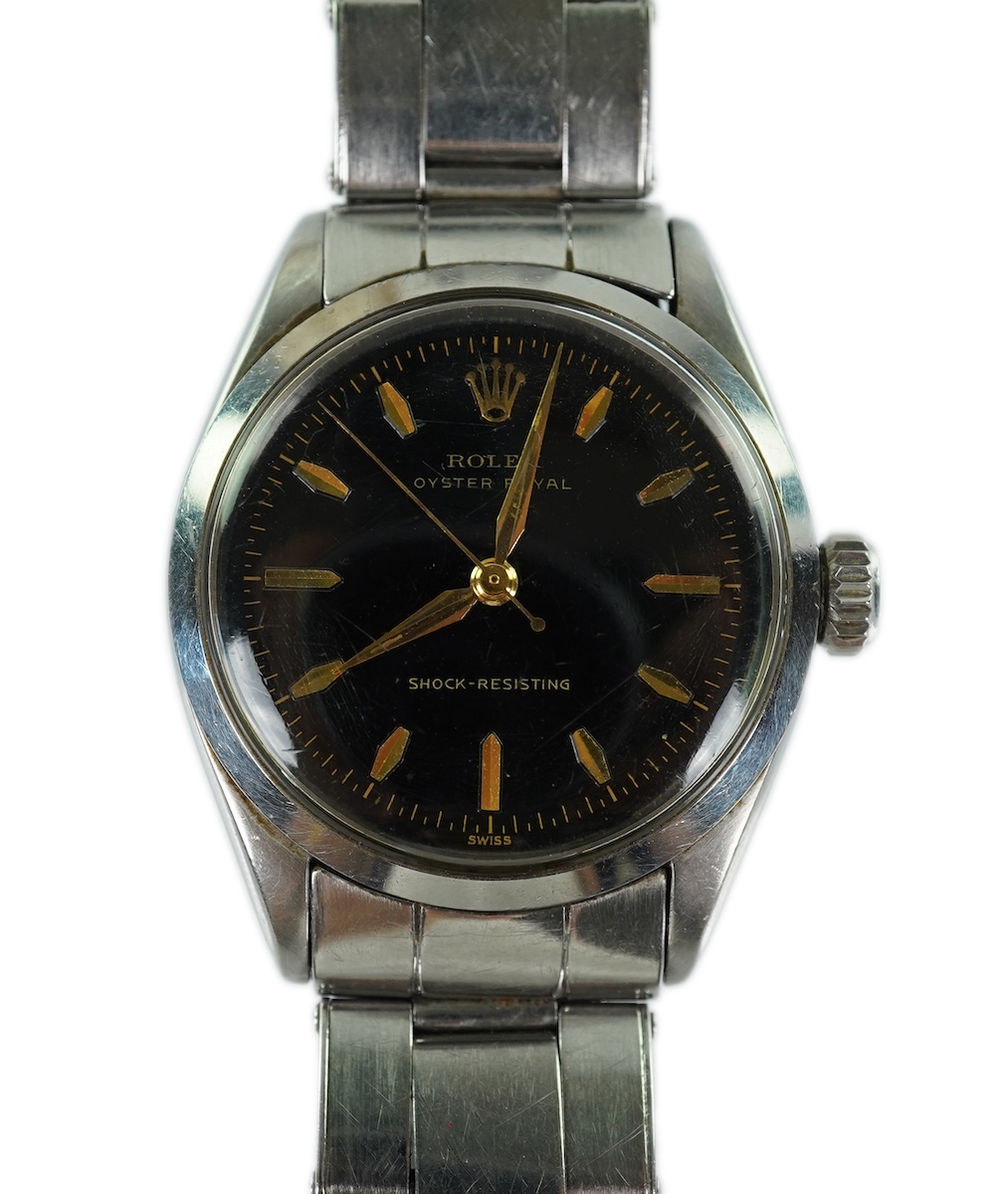 A gentleman's 1950's stainless steel Rolex Oster Royal shock-resisting manual wind mid-size wrist watch